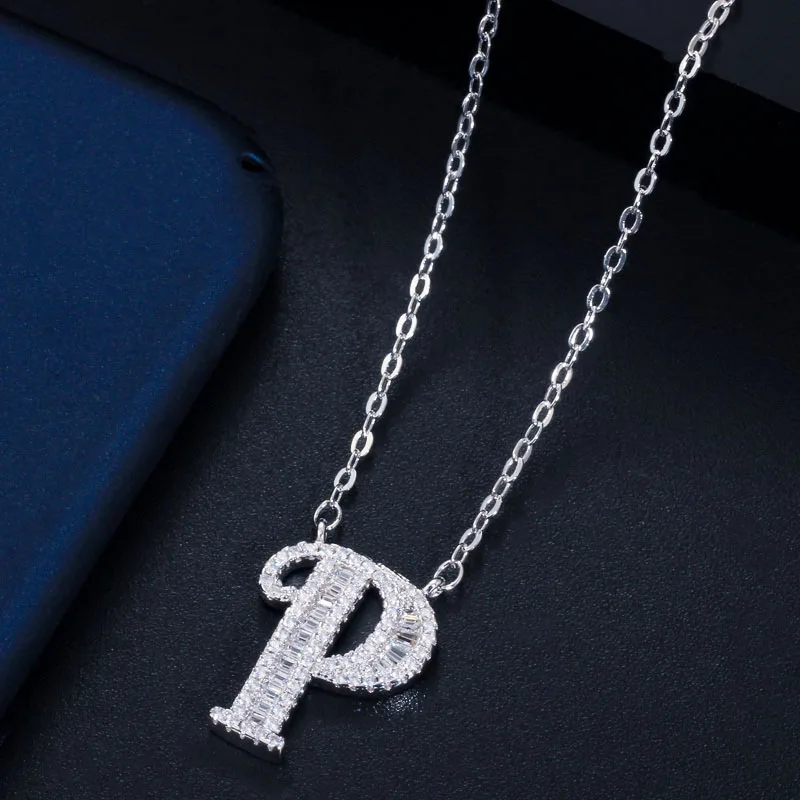 CWWZircons Personalized Cubic Zirconia Crystal 26 Initial Name Letter Pendant Necklace for Women DIY Custom Jewelry Gift CP046 - Окраска металла: P