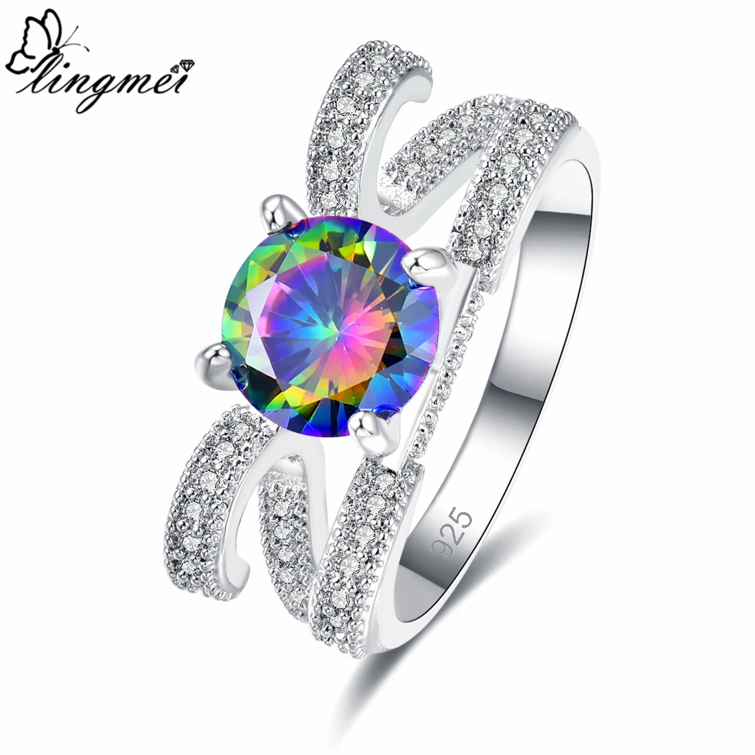 

Lingmei Unique Wedding Band Women Jewelry Round Cut Multicolor & Blue & White Zircon Silver Ring Size 6 7 8 9 Anniversary Gifts