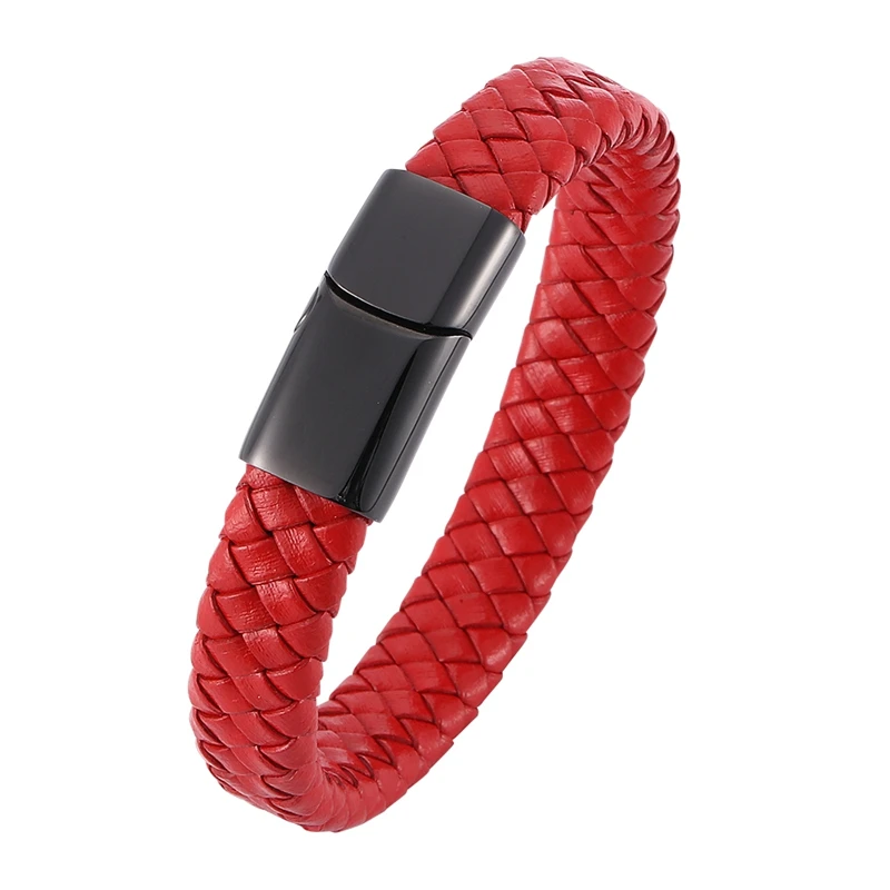 

Punk Red Braided Leather Bracelets for Men Stainless Steel Clasp Male Jewelry Wrist Band Gifts Wholesale BB0022
