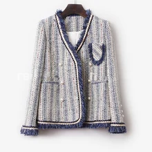 Синяя полосатая твидовая куртка Осень/Зима Женское пальто Collared Синяя Куртка женская куртка