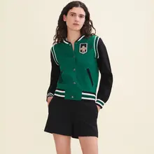 Осень и зима Новая мода Элегантный дизайн хит цвет трикотажная вышивка патч Блестками леди бейсбольная куртка кэжуал пальто