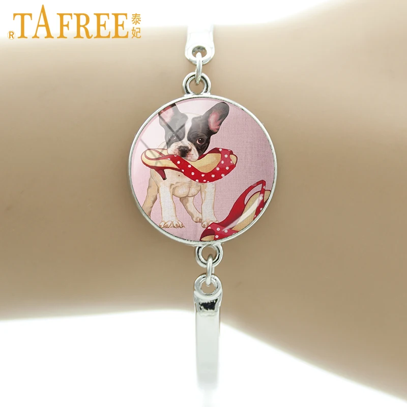 

TAFREE Brand popular Dog Bracelet French Bulldog Art Picture round Glass for women men novelty trendy Christmas new jewelry A158