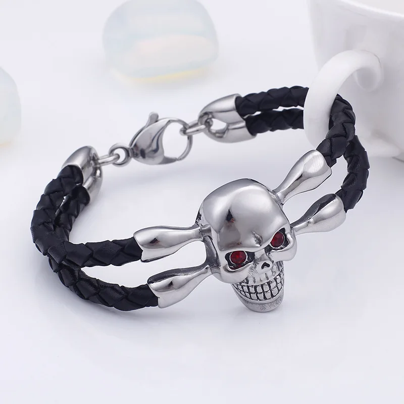 

Punk Style 316L Stainless Steel Skull Skeleton Head Braided Black Leather Bracelets with Magnetic Buckle S206