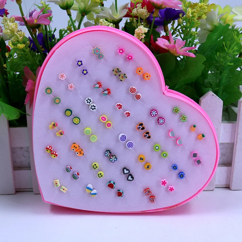 

New Design SMALL SIZE handmade 36pairs flower polymer clay earring stud sets fruit earring set for kids child with heart box