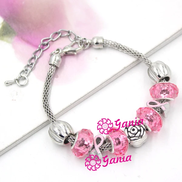 

10Pcs/LOT New Arrival Breast Cancer Awareness Jewelry Rose Bead Breast Cancer Pink Ribbon Bracelets for Women Pulser Bijoux