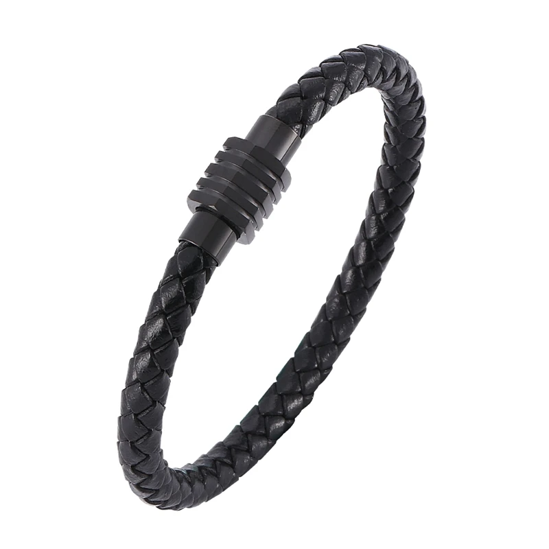 

Casual Men Charm Jewelry Black Braided Leather Rope Bracelet Men Stainless Steel Magnetic Clasps Wrist Band for Male Boys SP0036