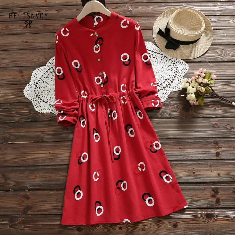 

Robe Femme Spring Autumn Women Casual Dress Loose Waist O-neck Printed Cotton Linen Vestidos Long Sleeve Vintage Dresses