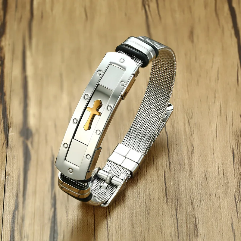 

Fashion Men Bracelet Stainless Steel Jewelry Gold Color Cross Adjustable Bracelets For Man Trendy Retro Male Bracelet Bangles