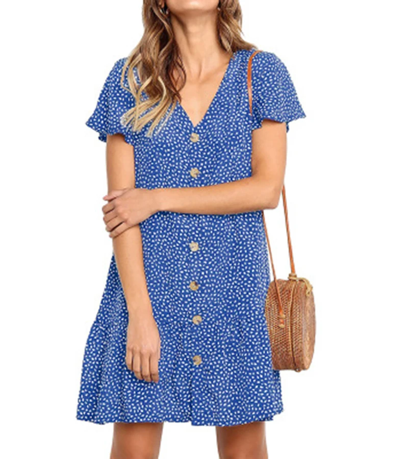 2019 summer women print dress short sleeve loose ruffle ladies short dress casual blue black women party mini dress (19)