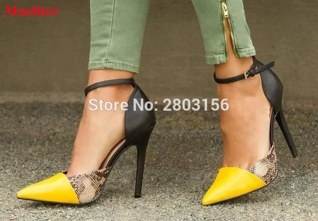 

Fashion Women Patchwork Snakeskin Pointed Toe High Heels Shoes Ankle Strap Stiletto Heel Pumps Zapatos Mujer