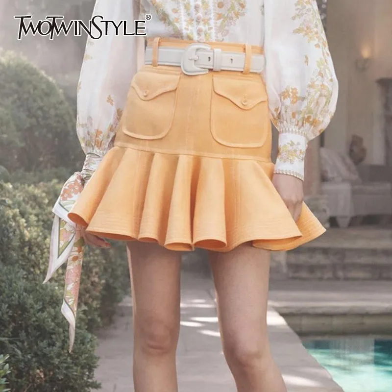 

TWOTWINSTYLE Summer Elegant Skirt For Women High Waist Sashes Ruffles Pockets Large Size Mini Skirts Female Fashion 2019 New