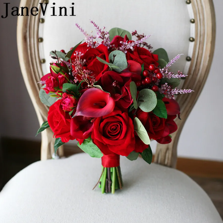 Janevini Red Rose Bridal Bouquet Artificial Calla Lily Eucalyptus