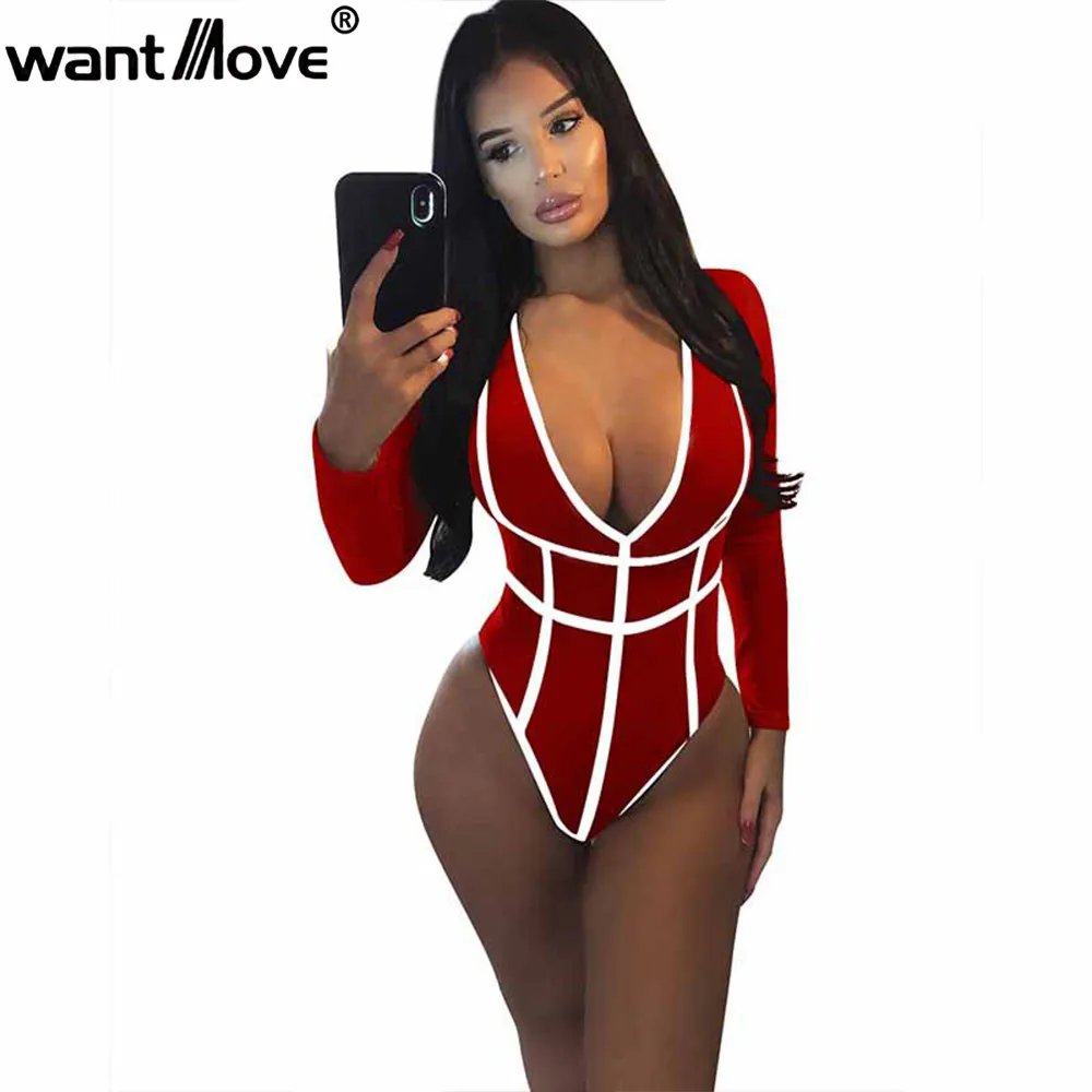 

Wantmove 2018 new European and American fashion jumpsuit sexy deep V-neck long-sleeved bodysuit stitching slim jumpsuit JZ520
