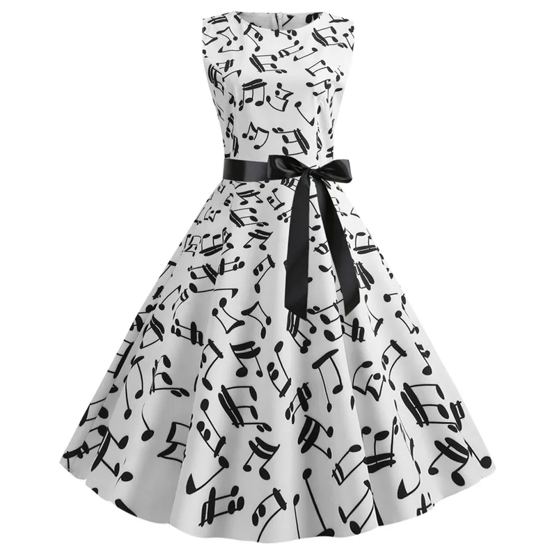 

Women Summer Music Note Printing Dress Audrey hepburn Robe Retro Swing Casual Vintage Sleeveless O-Neck Swing Dresses Vestidos