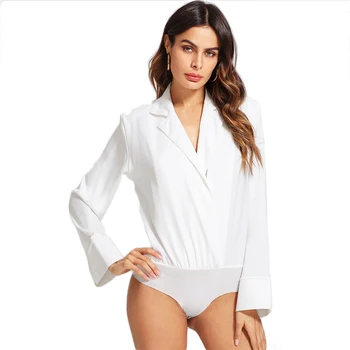

Fashion Women black white Body Blouse Bodysuits Sexy Turn Down Collar Bodysuit OL Shirt Long Sleeve Deep V-Neck Playsuit Tops