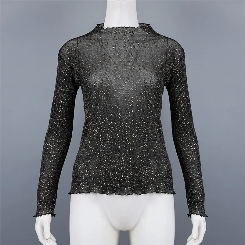 Women's See-Through Long Sleeve Mesh Crop Black mesh perspective Tops Tee women 2019 blusa manga longa feminina camicette F12 (2)