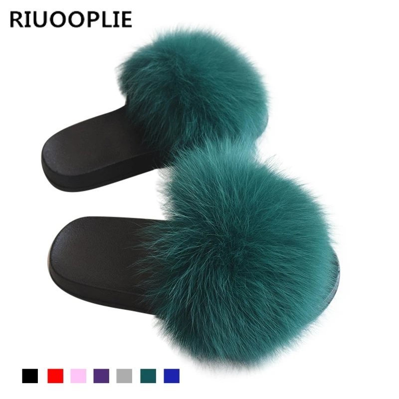 

RIUOOPLIE Fox Hair Beach Slippers Soft Fur Flip Flops Slides Shoes Furry Slippers EVA Bottom Summer Shoes Women Lady