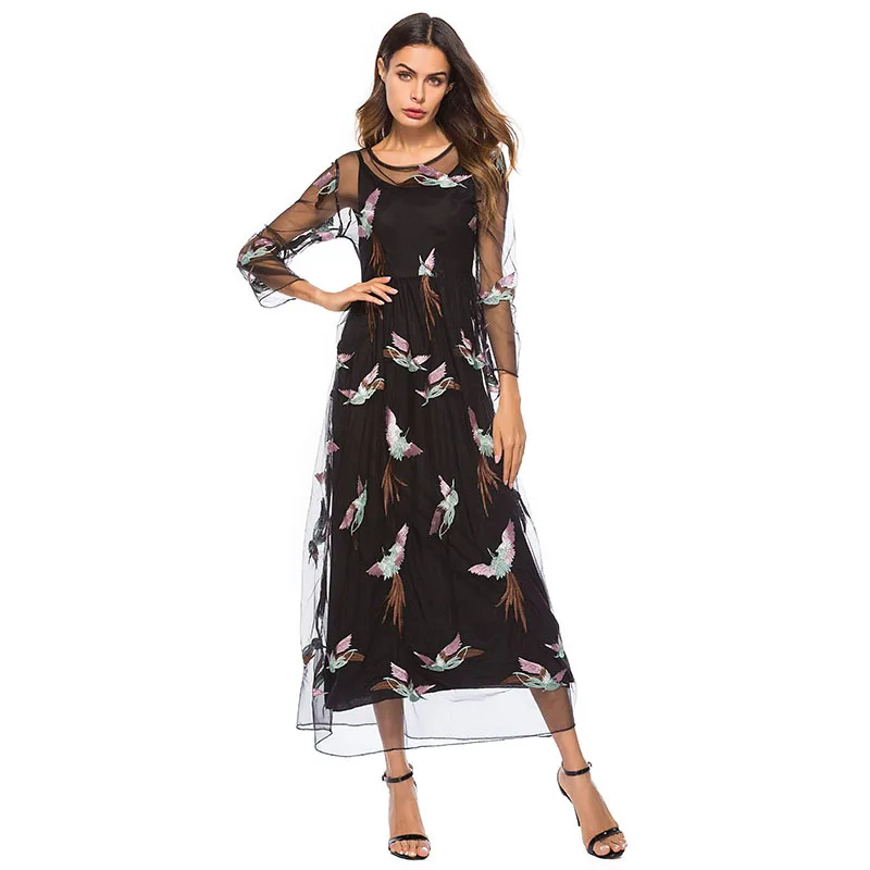 

2019 Women Vintage Long Dress Elegant Floral Embroidery Lace Mesh Dresses Plus Size Casual Vestidos Evening Party Dresses Mujer