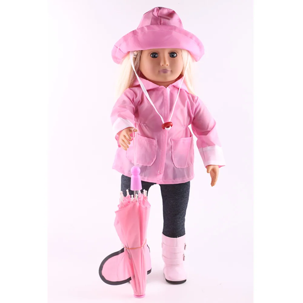 Les Bottes Jaunes et Le Chapeau coloré de Point vamei Manteau de Pluie de vêtements de poupée DE 18 Pouces pour des poupées américaines de Fille avec Le Parapluie Rose Chaud 