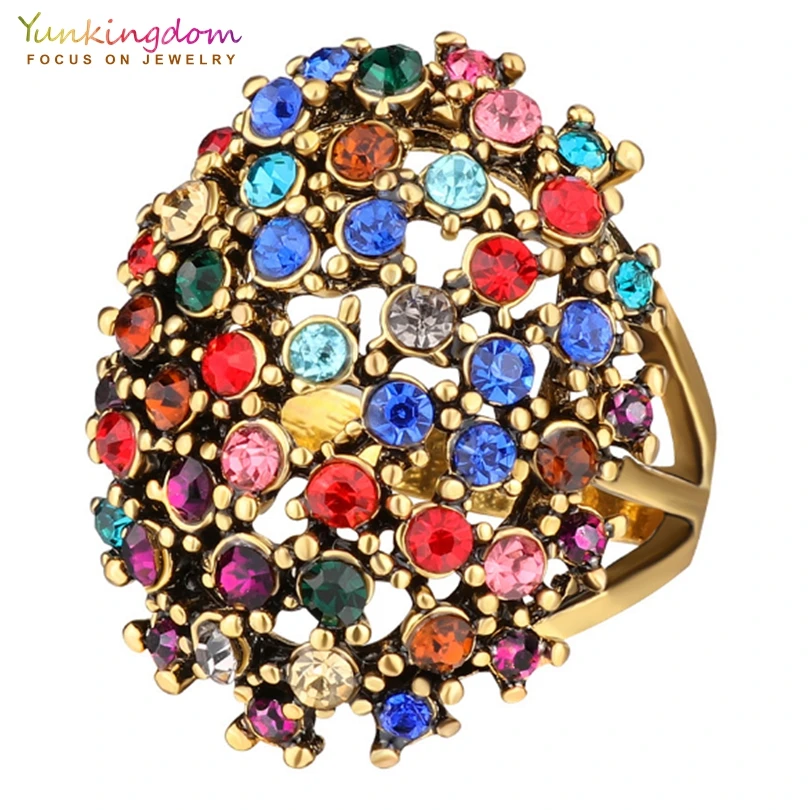 Yunkingdom Charms Bohemia Jewelry Antique Silver /Gold Color Resin Ethnic Rings for Women Girls Beach Party Rings
