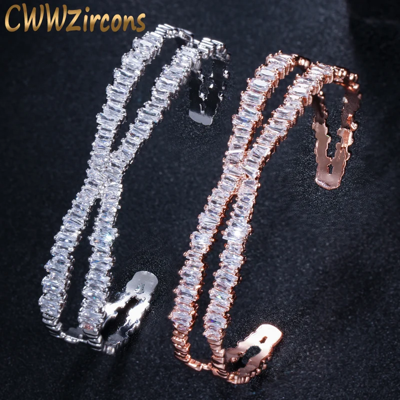 

CWWZircons Brand Designer Women Jewelry Stunning X Shape Big Rose Gold Color Cuff Bangle With Cubic Zirconia Stones BG003