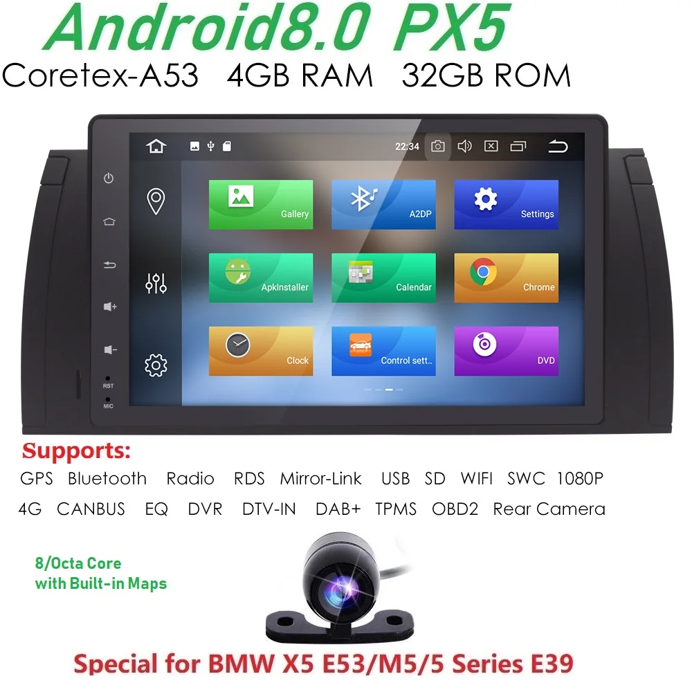 9-дюймовый Android8.0 PX5 Autoaudio для bmw E39 X5 gps-навигации 4 Gwifi BT canbus радио RDS 8 OctaCore 1024x600 obd2 dvr