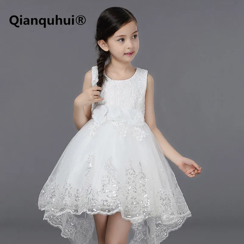 

2017 White Lace Princess Dress Shining Pompry Dress Tail Irregularly Big Bow Embroidered Pink Purple Red Kids Dresses For Girls