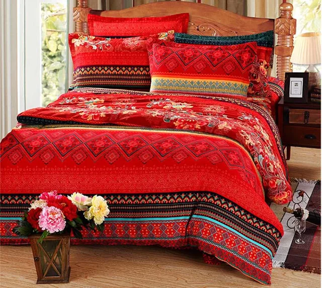 Bohemian style bedding set king Queen size bedspread red color 100