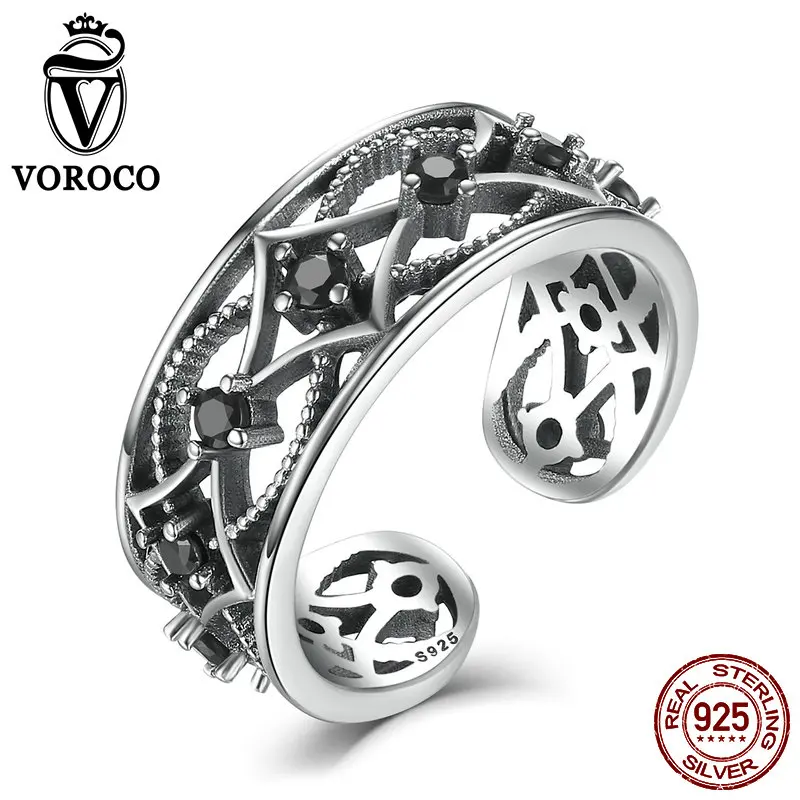 

VOROCO Retro Style Stars Sterling Silver 925 Rings 8mm Black Zirconia Party Adjustable Open Cuff Ring for Women Jewelry