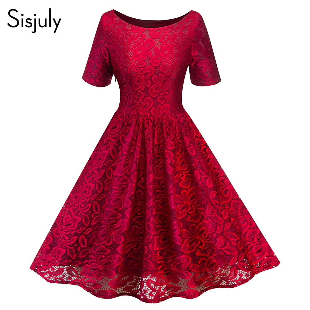 

Sisjuly Vintage Women Dress A Line Solid O Neck Red Short Party Dress Lace Chic Zipper Elegant Retro Autumn Dresses Girl 2019