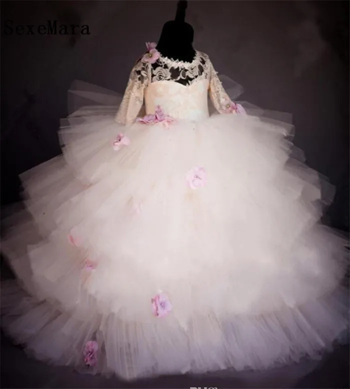 

High Quality Puffy Layers Ball Gown Flower Girls Dresses for Wedding 3D Flowers Half Sleeves Girls Pageant Gown Size2-16Y