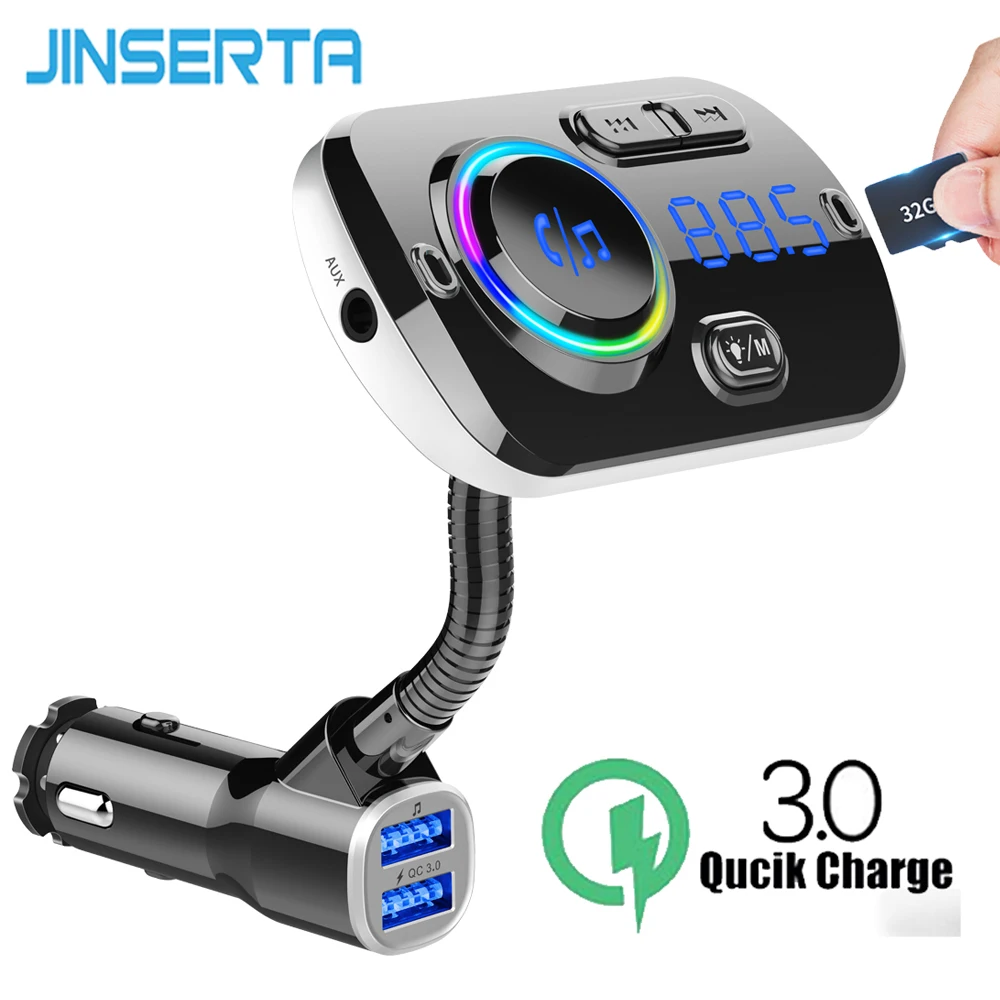 JINSERTA Bluetooth V5.0 Wireless FM Modulator Connect 2 Phones Car MP3 Player 3.5mm AUX play Support TF USB Pendrive Music QC3.0