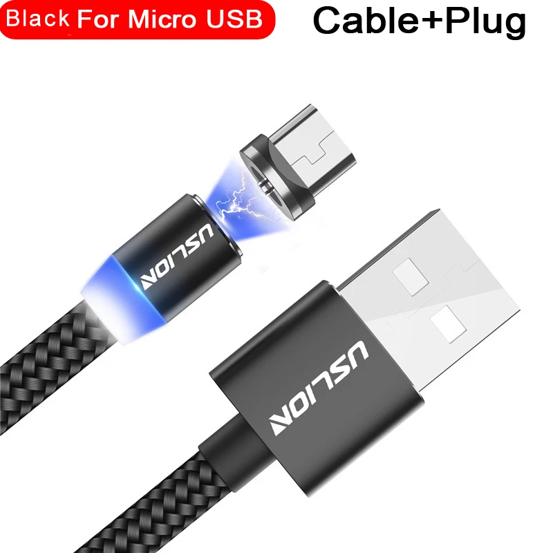 USLION Магнитный Micro USB кабель для быстрой зарядки usb type C кабель для зарядки и передачи данных Шнур для Iphone 7 samsung Xiaomi - Цвет: For Micro Black