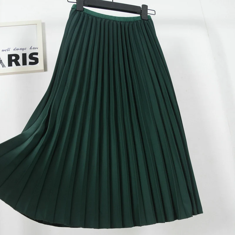 

Qiuxuan 2019 Summer Elegant Women Pleated Skirts Skinny Stretchy High Waist Female Long Skirt Ladies Casual A-Line Midi Skirts