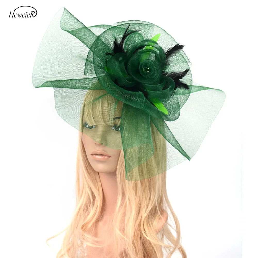 

Green Color Women Lady Bride Large Mesh Feather Fascinators Wedding Party Cocktail Hair Clip Hat Headwear Accessories Handmade