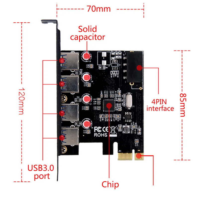4 puertos USB 3,0 PCI-E adaptador de tarjeta de expansión 4 pines conector de alimentación para componentes de ordenador de escritorio añadir en tarjetas 4 puertos USB 3,0 PCI-E adaptador de tarjeta de expansión 4 pines conector de alimentación para componentes de ordenador de escritorio añadir en tarjetas