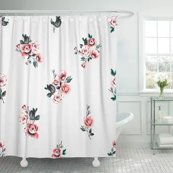 

Shower Curtain with Hooks Vintage Traditional Pink Rose Flowers in Watercolor Style Beautiful Floral on White Bathroom Decor