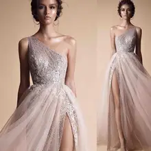 Бальное платье трапециевидной формы Berta; вечерняя одежда; ; блестящее вечернее платье на одно плечо с блестками и высоким разрезом на заказ