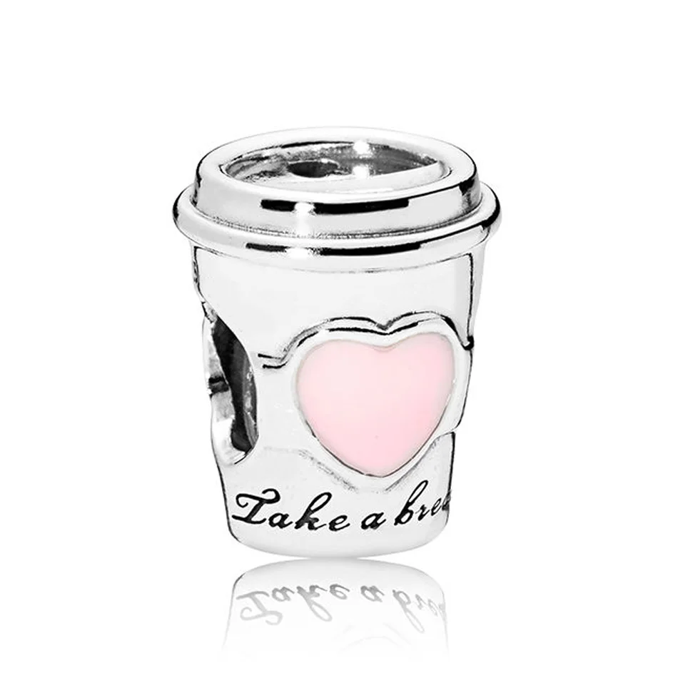 

Authentic S925 Sterling Silver DIY Jewelry Drink To Go Charm fit Pandora Bracelet Bangle Pink Enamel Girl Gift