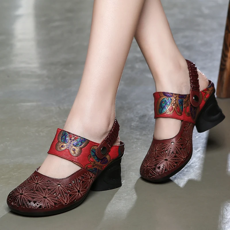 

Women Leather Sandals 2019 Retro Shoes Summer Embroidery 6 CM High Heels Sandals Women Hollow Out Slipper Shoes Flower Handmade