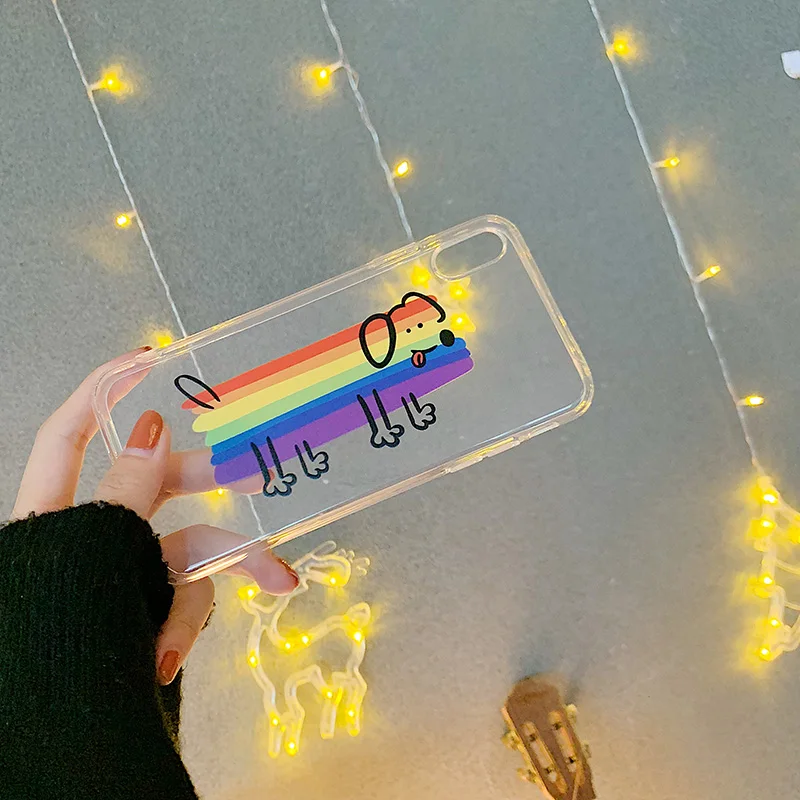 

Happy Cute Rainbow Dog Cartoon Soft Silicone Phone Case For iphone X XR XS MAX 7 8 6 6S plus letter cloud soft TPU Back Cover