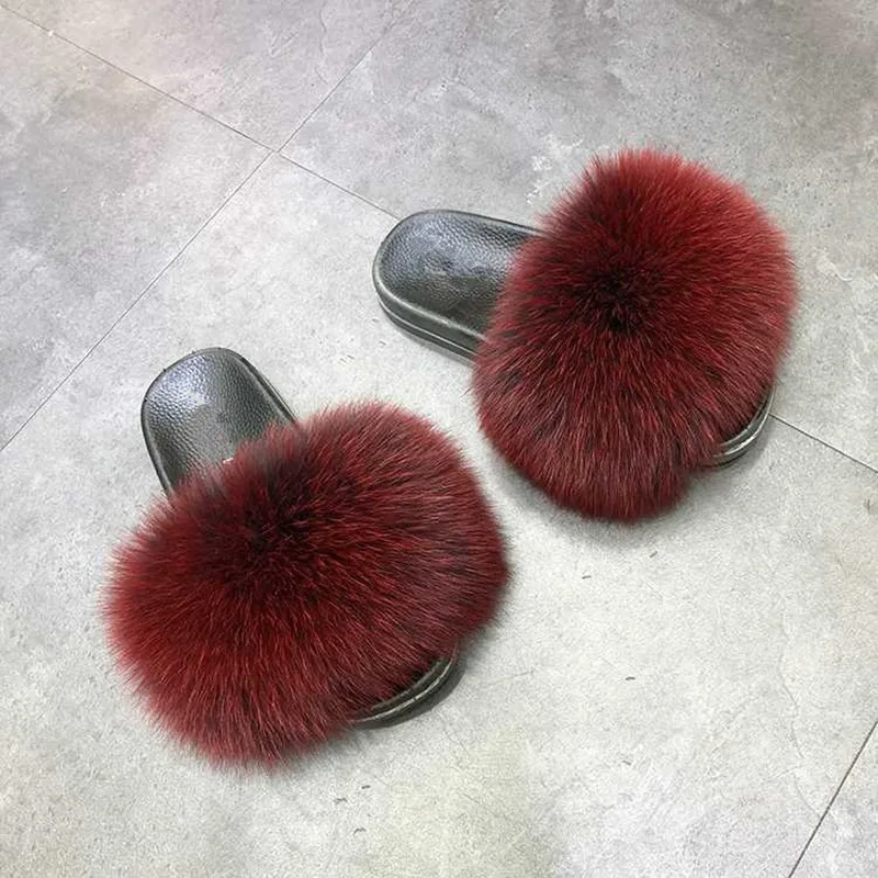 wine red ZDFURS/; модные шлепанцы с лисьим мехом; шлепанцы без задника с натуральным мехом; Летние вьетнамки; повседневные Модные босоножки с лисьим мехом; модная плюшевая обувь; - Цвет: wine red