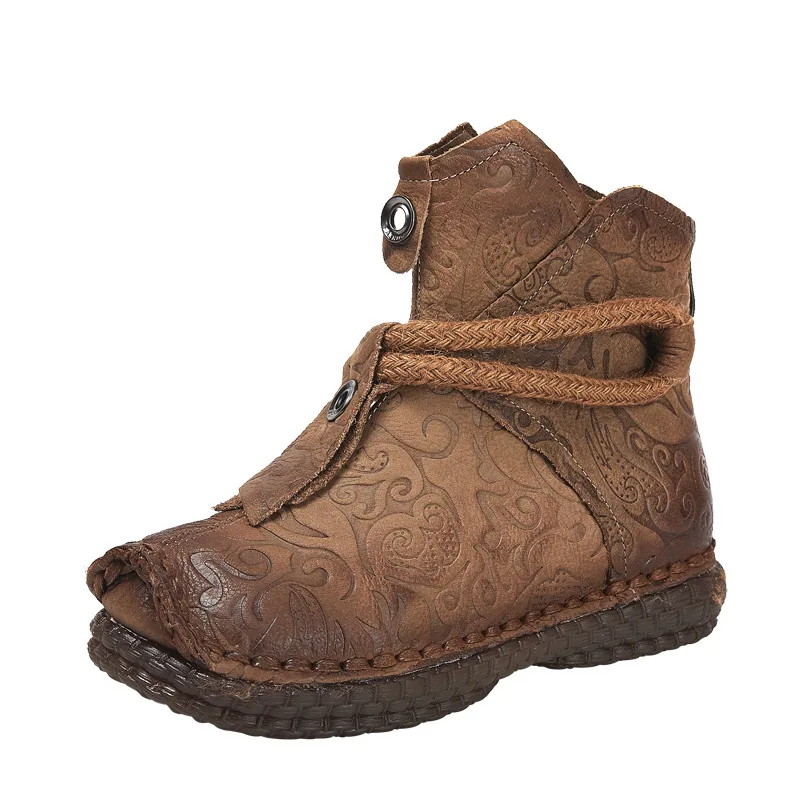 

New short boots handmade thick bottom soft bottom low heel boots national wind leather winter women's boots