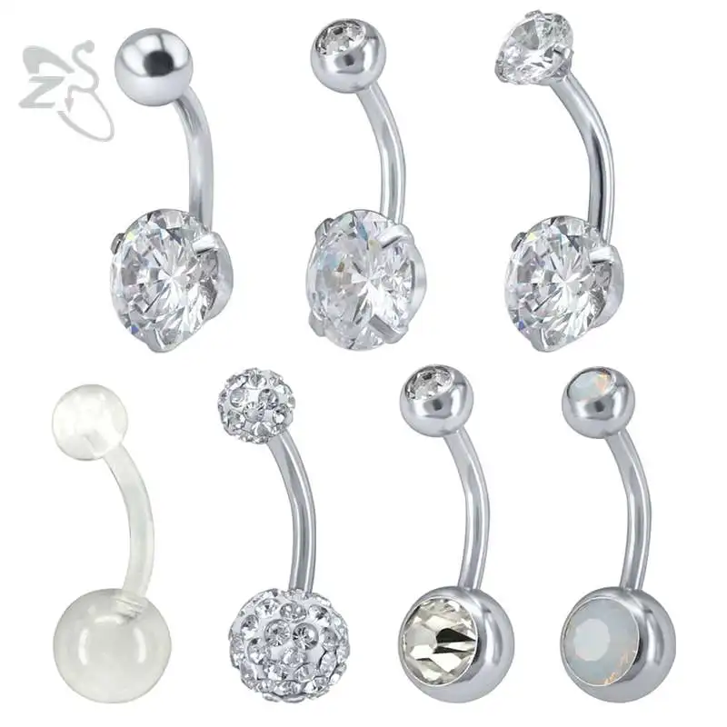 

ZS 7pcs/lot Crystal Navel Belly Rings Stainless Steel CZ Gem Belly Button Piercings Sexy Women Piercings Omblig Belly Navel Bar