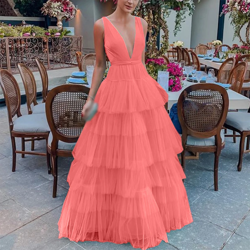 

Party Women Dress Ladies Evening Summer Deep V Neck Fashion Sleeveless Solid Color Ruffles Swing Dress Elegant Female