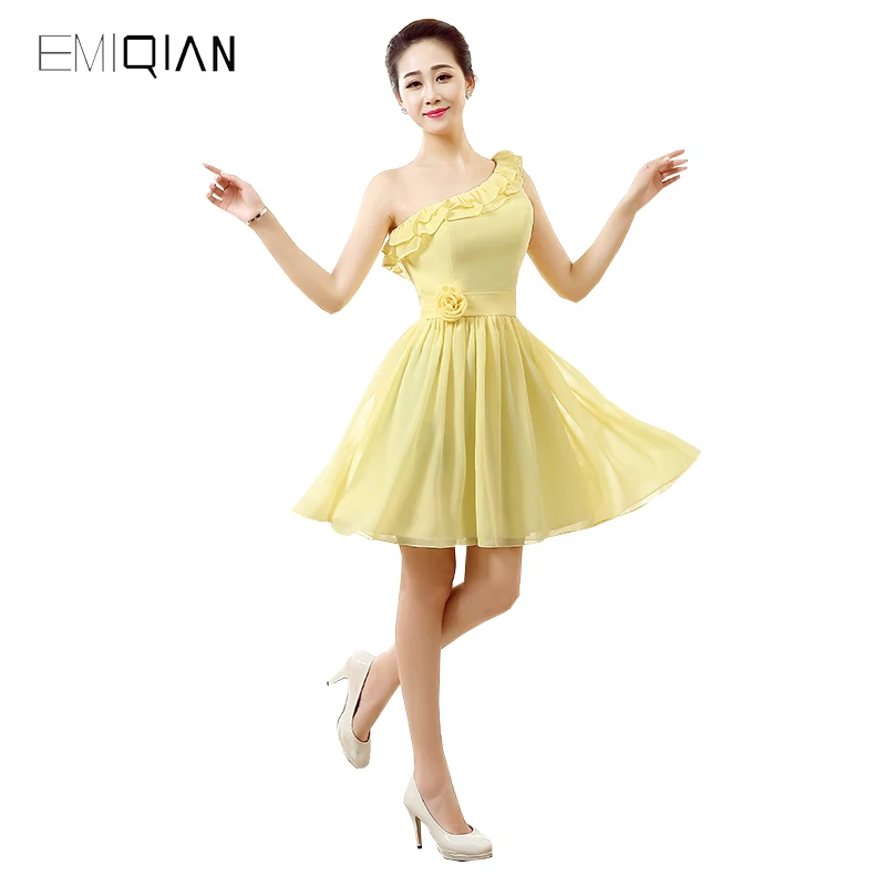 

Original Design A Line One Shoulder Yellow Chiffon Cocktail Dresses Lace-up