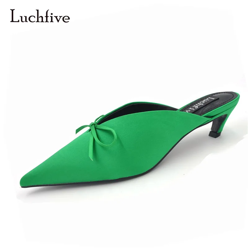 

Luchfive Shallow Mouth Kitten Heel Slippers Women Satin Bowtie Pointed Toe Mules Fashion Outwear Women Shoes