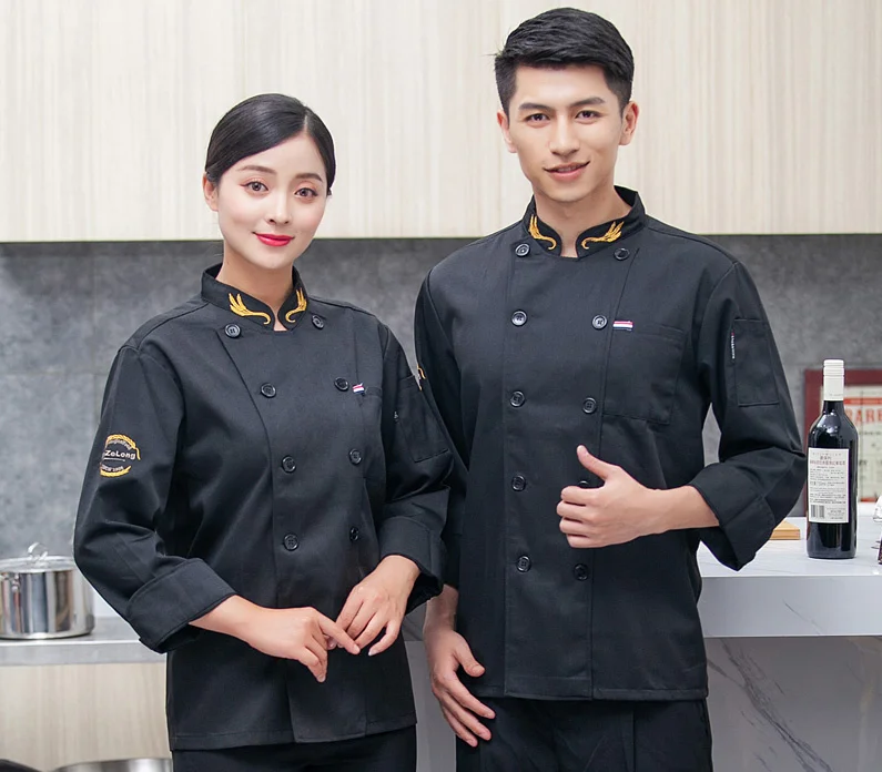 Черный с длинными рукавами униформа повар ресторана шеф-повара отеля куртка Кухня Кук костюм мужчина женщина Кухня рабочая одежда