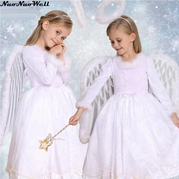 

High Quality Halloween Girl's Birthday Party Dress Fairy Tale White Princess Sets Pretty Angle Dress with Wing+Wand+Headgear