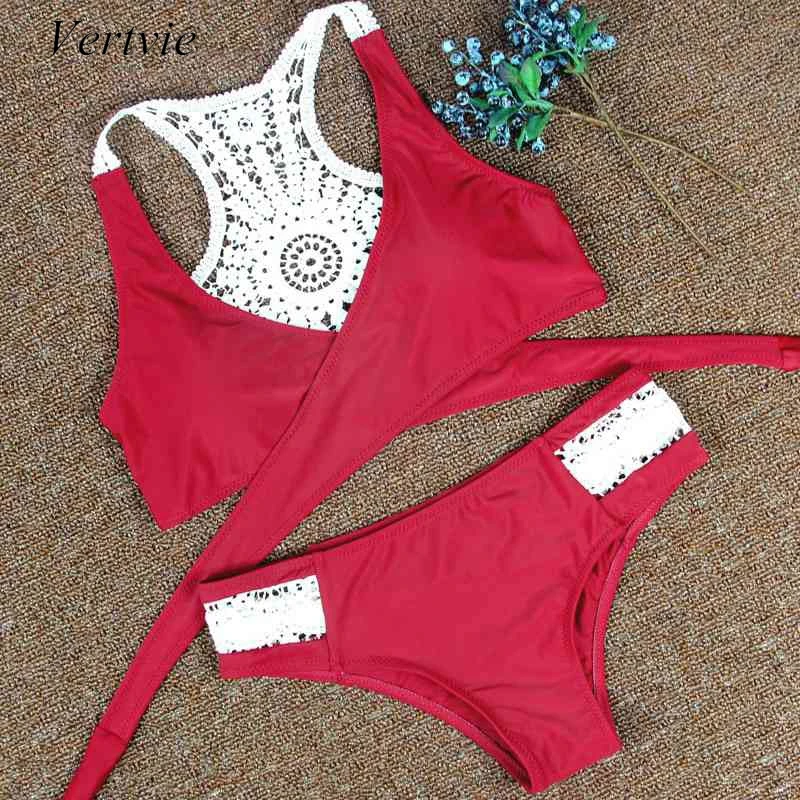 

Vertvie Hot Bikinis Set Women Crochet Patchwork Two Pieces Swimsuit Sexy Hollow Out Bandage Beach Bathing Suit Swimwear Biquini